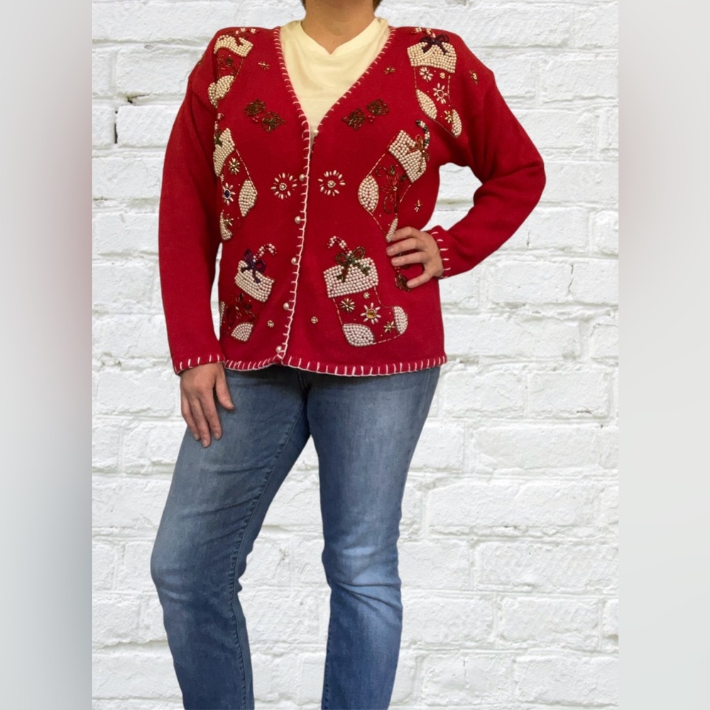 Vintage Carolyn Taylor Christmas Cardigan Sweater Red Beaded Size 8